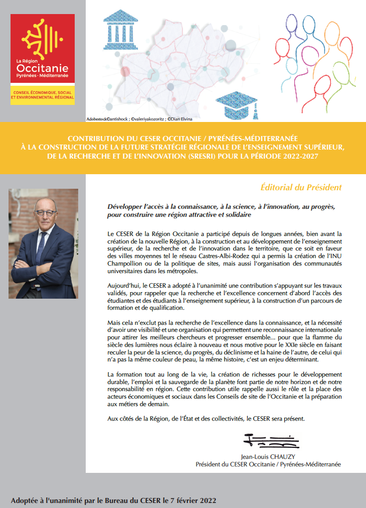 CONTRIBUTION DU CESER OCCITANIE / PYRÉNÉES-MÉDITERRANÉE À LA CONSTRUCTION DE LA FUTURE STRATÉGIE RÉGIONALE DE L’ENSEIGNEMENT SUPÉRIEUR, DE LA RECHERCHE ET DE L’INNOVATION (SRESRI) POUR LA PÉRIODE 2022-2027